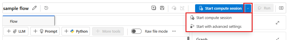 Skärmbild av promptflöde med standardinställningar för att starta en beräkningssession på en flödessida.
