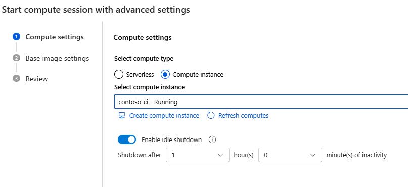 Skärmbild av promptflöde med avancerade inställningar med beräkningsinstans för att starta en beräkningssession på en flödessida.