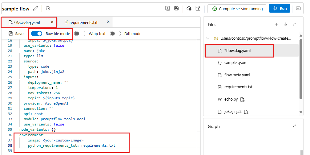 Skärmbild av åtgärder för att anpassa en basavbildning för en beräkningssession på en flödessida.