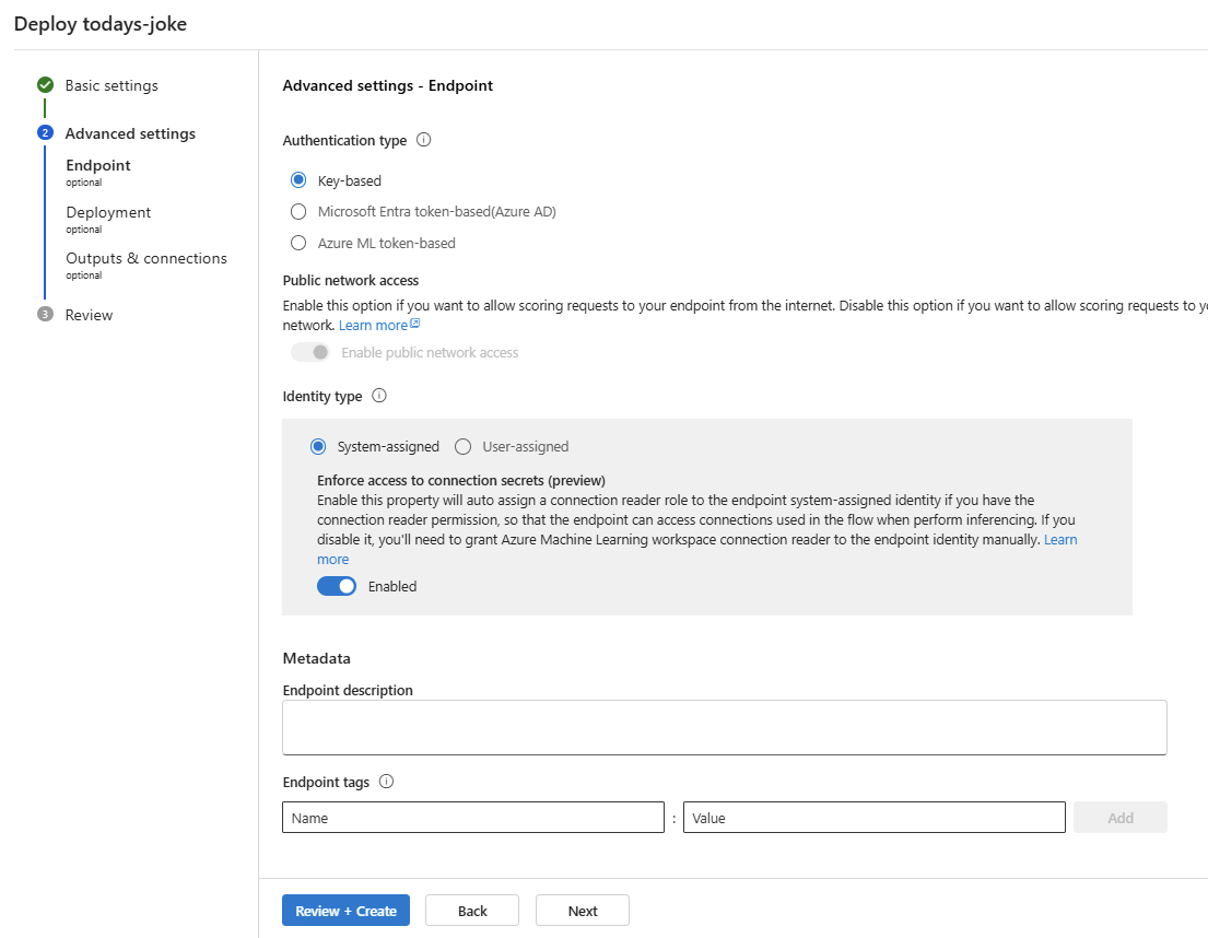 Skärmbild som visar avancerade slutpunktsinställningar.
