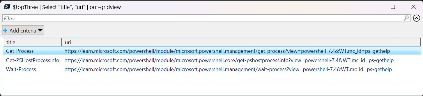 Skärmbild av de formaterade resultaten när sökfrågan är klar.