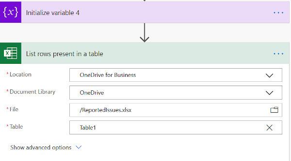 Fyll excel-raderna i flödet