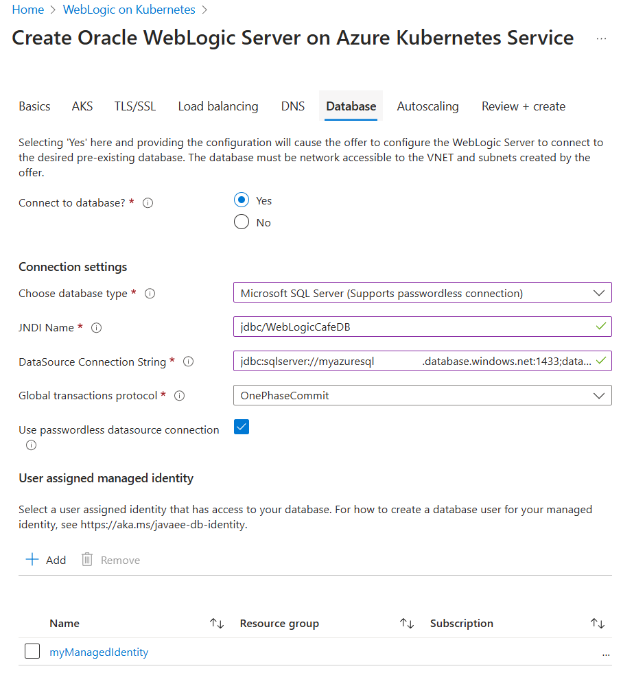 Skärmbild av Azure Portal som visar fliken Databas på sidan Skapa Oracle WebLogic Server på Azure Kubernetes Service.