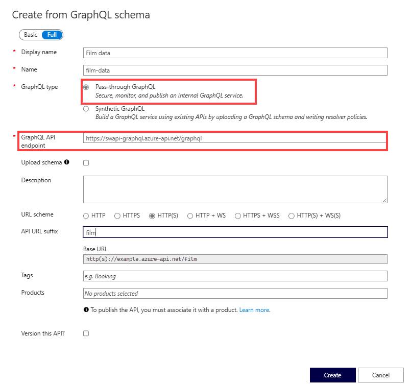 Skärmbild av schemasidan Skapa från GraphQL.