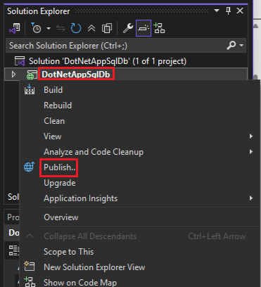 Skärmbild som visar hur du publicerar från Solution Explorer i Visual Studio.