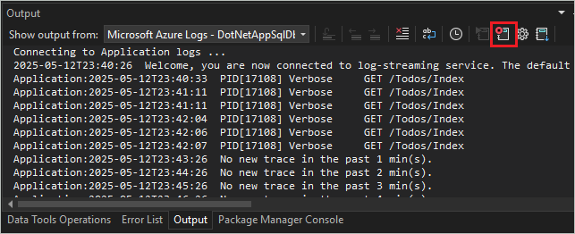Skärmbild som visar Stoppa loggströmning.