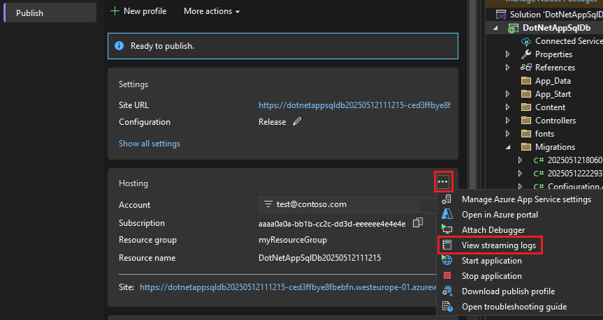 Skärmbild som visar Aktivera loggströmning.