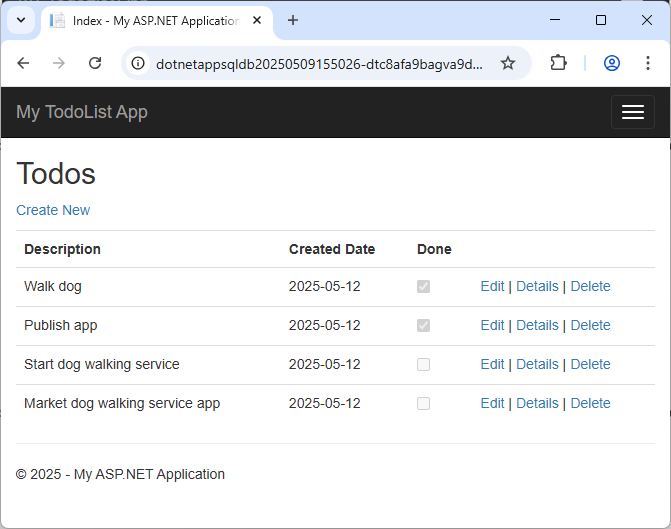 Skärmbild som visar webbappen efter publicering.