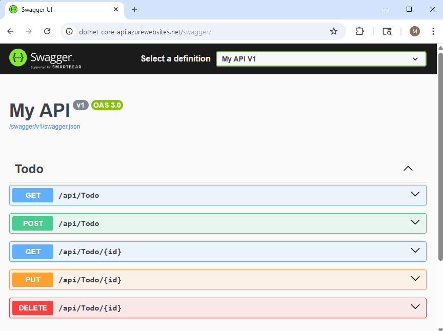 Skärmbild av ett ASP.NET Core API som körs i Azure App Service.