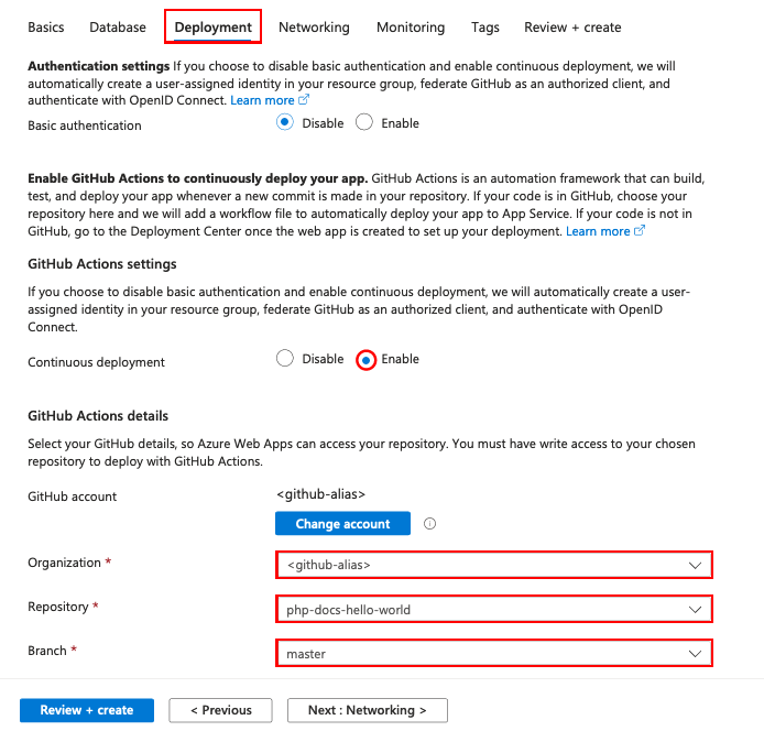 Skärmbild av distributionsalternativen för en PHP-app.