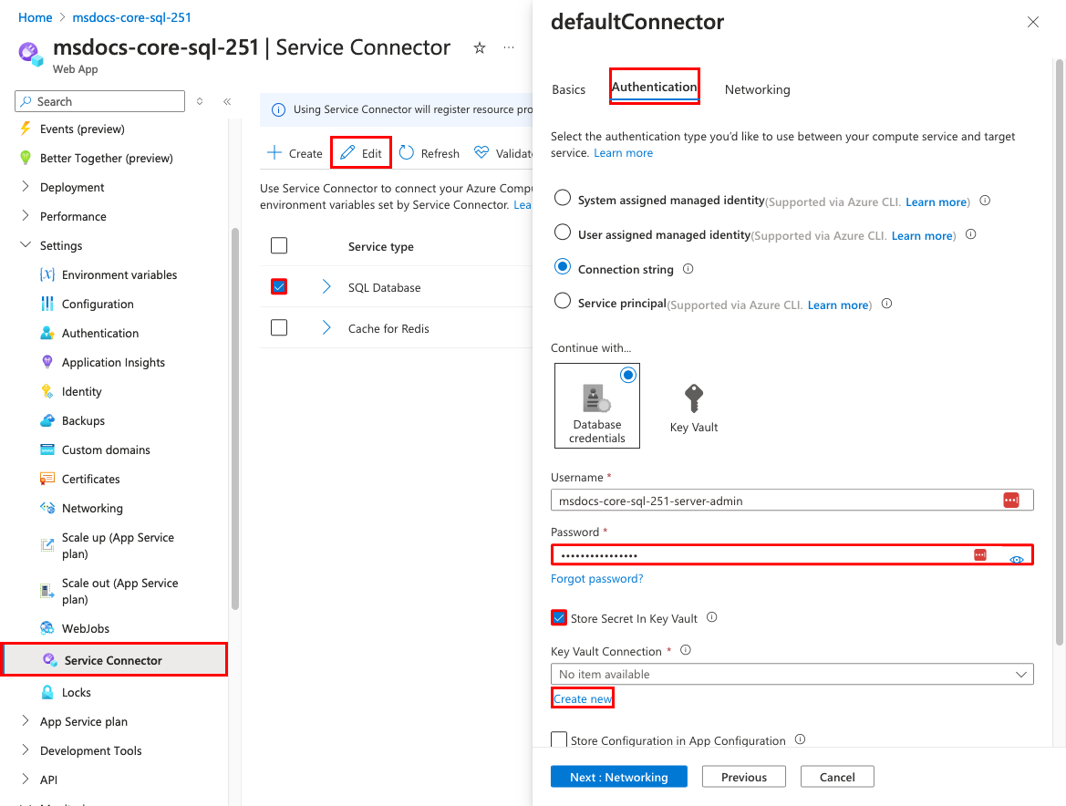 En skärmdump som visar hur man redigerar tjänstekopplingen för SQL-databasen med en koppling till nyckelvalvet.