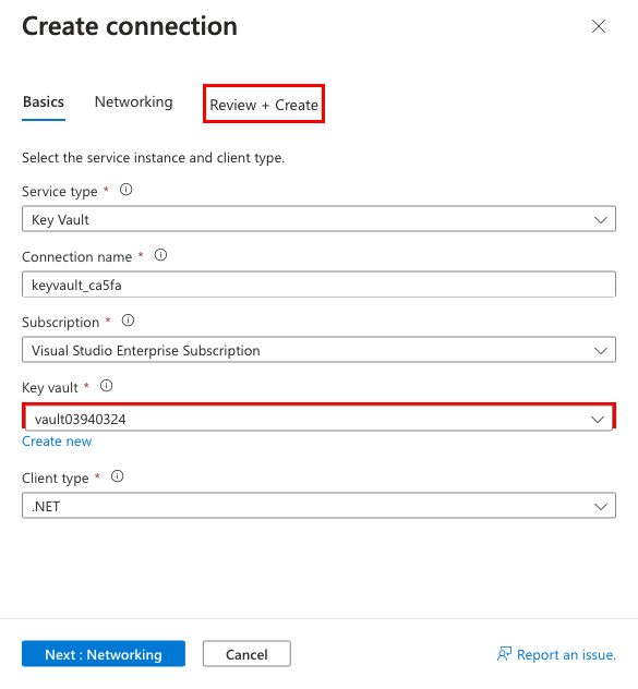 En skärmdump som visar hur man skapar en tjänstekoppling för Key Vault.