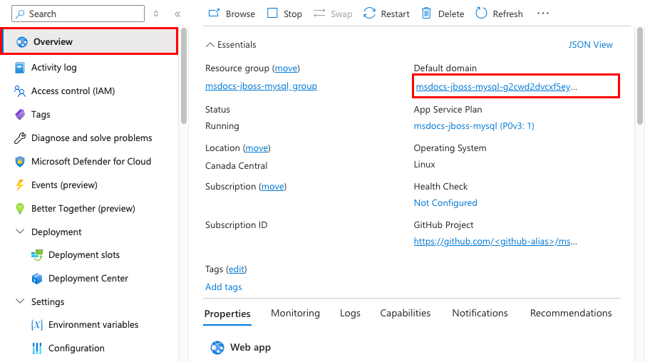 En skärmbild som visar hur du startar en App Service från Azure Portal.