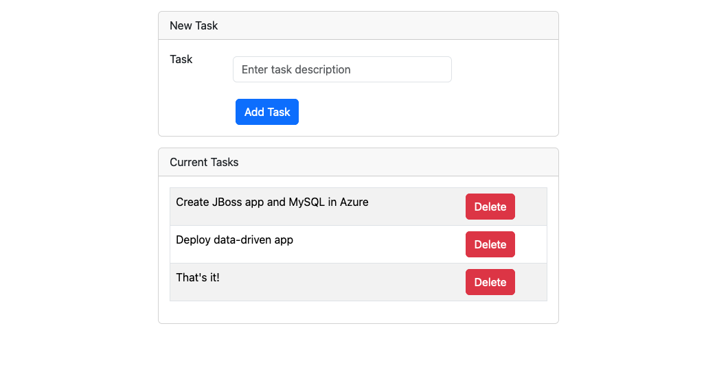 Skärmbild av JBoss-program som lagrar data i MySQL.
