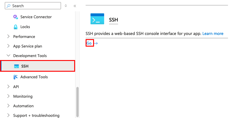 En skärmbild som visar hur du öppnar SSH-gränssnittet för din app från Azure Portal.