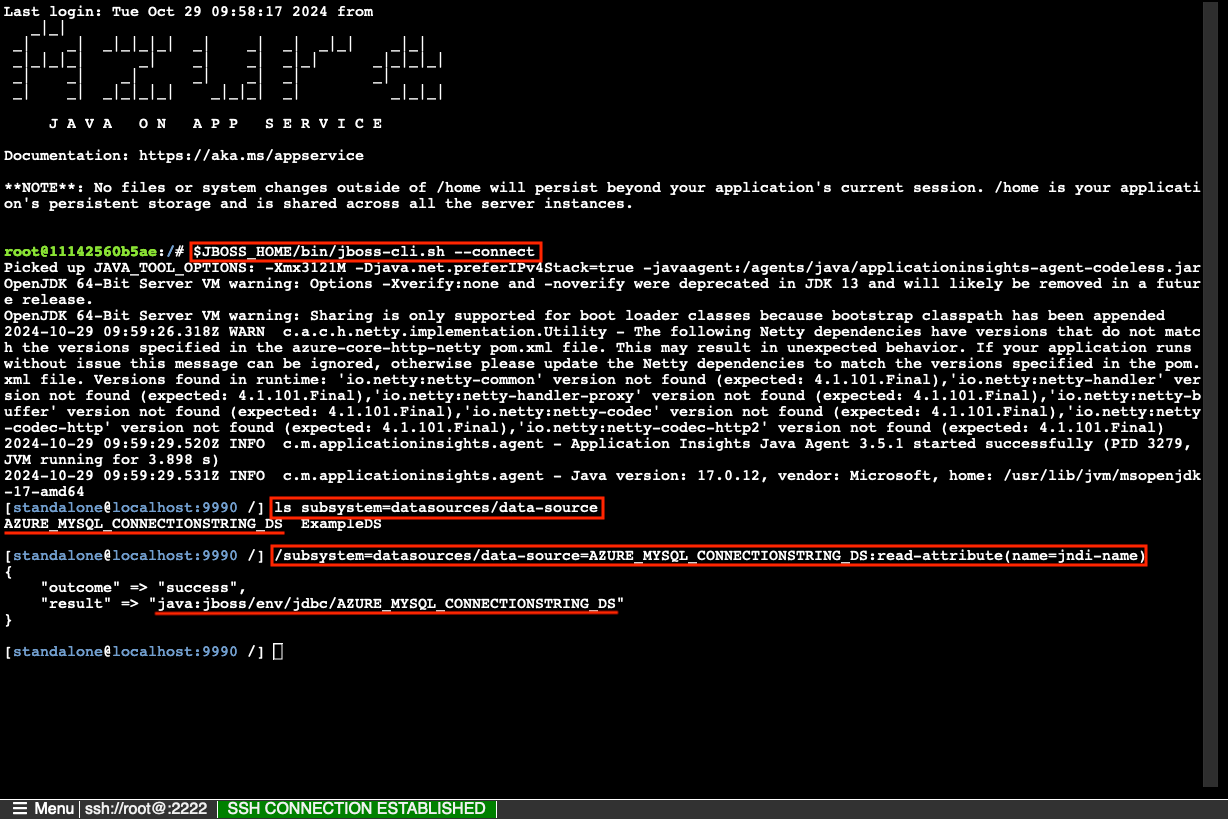 En skärmbild som visar kommandona som ska köras i SSH-gränssnittet och deras utdata.