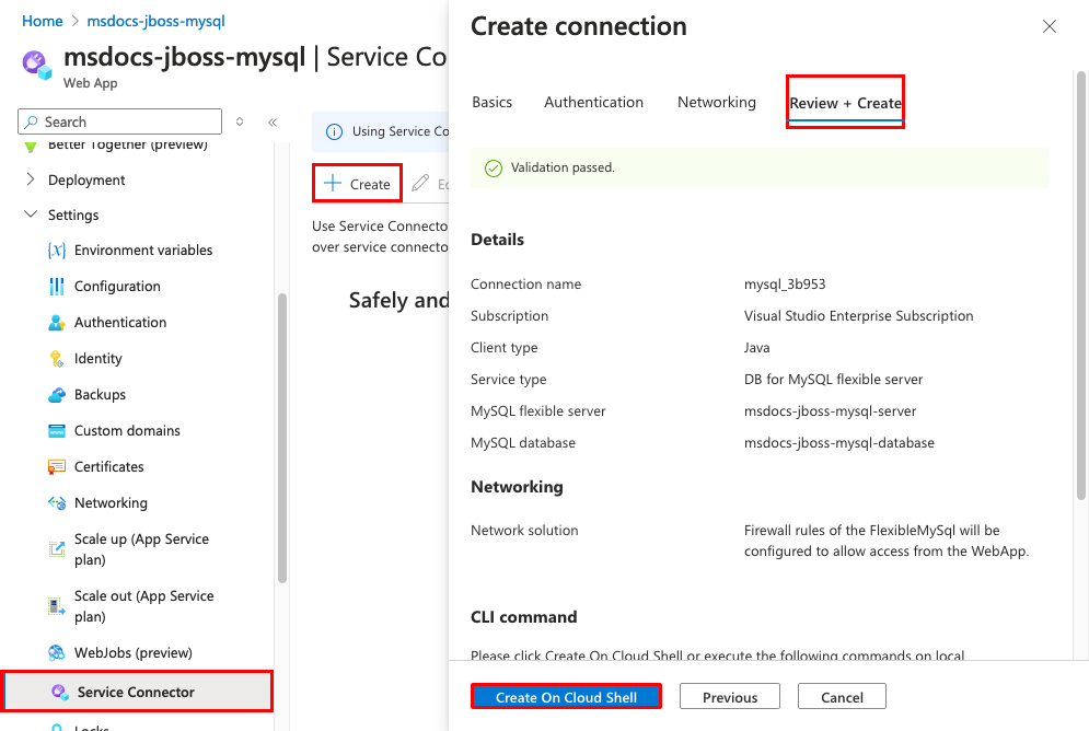 En skärmbild som visar en helt konfigurerad tjänstanslutning som är redo att skapas med Cloud Shell.