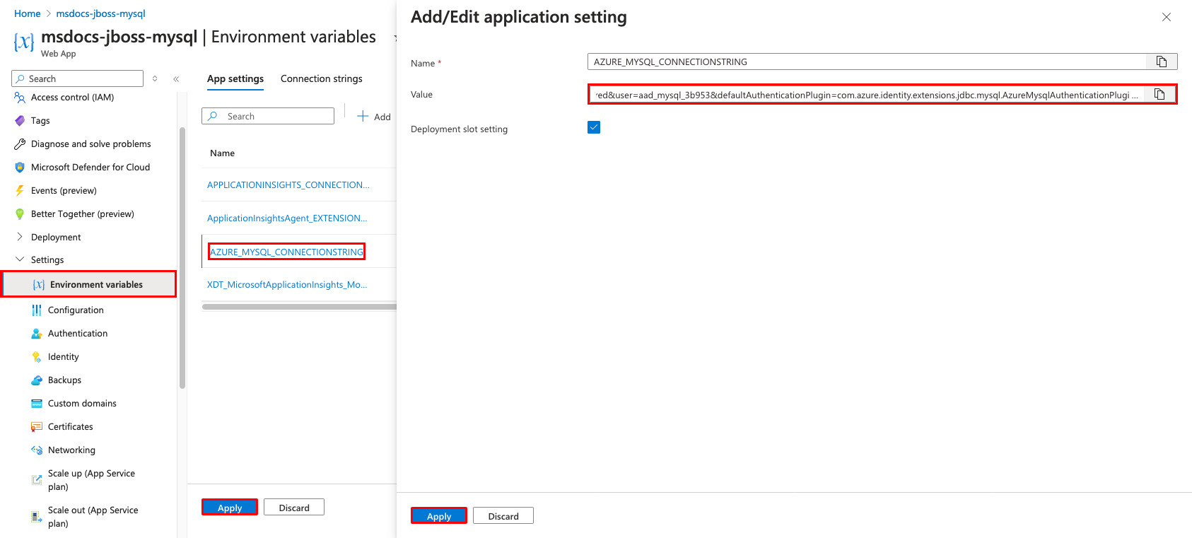 En skärmbild som visar hur du ändrar värdet för miljövariabeln MySQL i Azure.