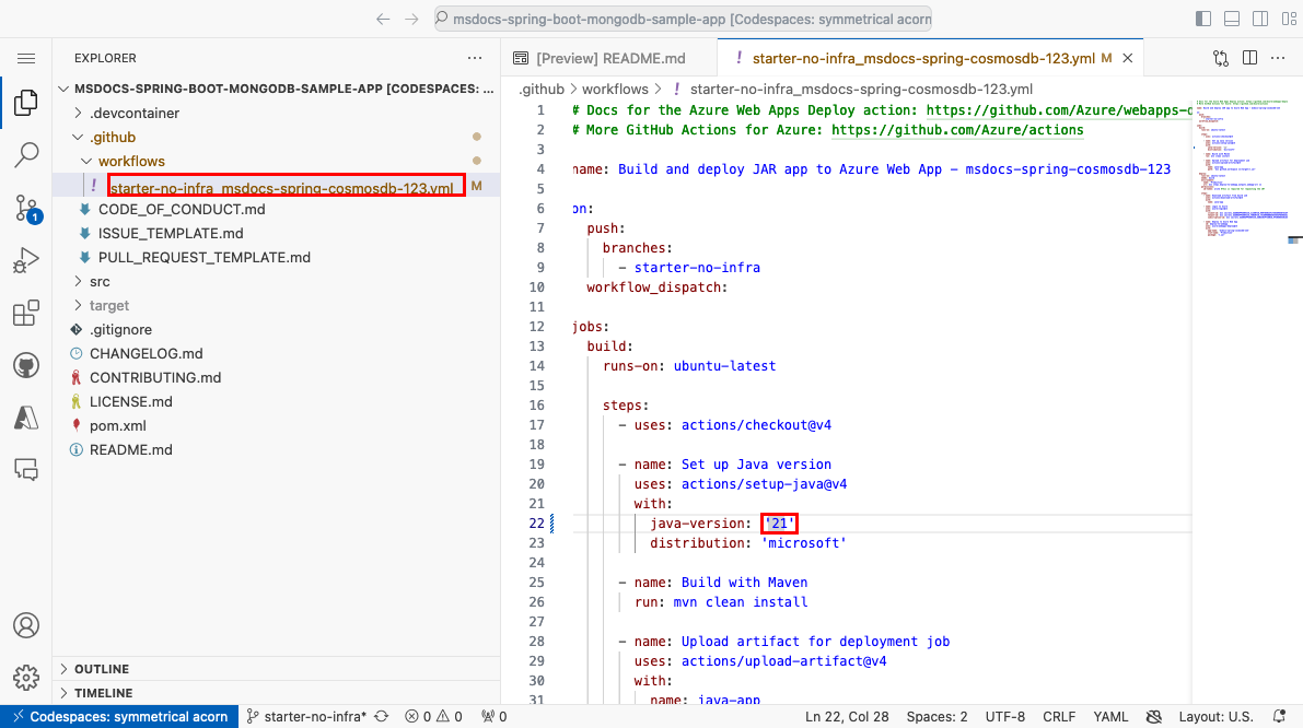 En skärmbild som visar ett GitHub-kodområde och den automatiskt genererade arbetsflödesfilen öppnas.