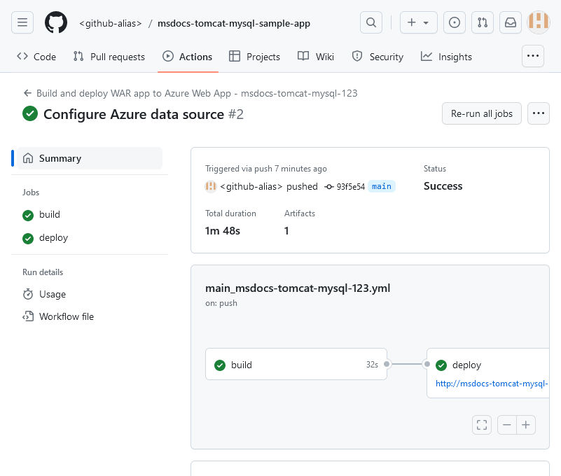En skärmbild som visar en GitHub-körning pågår.