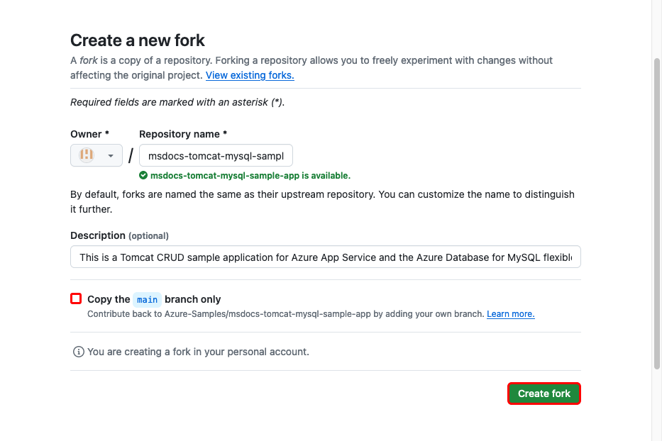 En skärmbild som visar hur du skapar en förgrening av GitHub-exempellagringsplatsen.