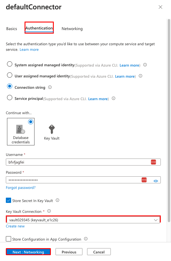 En skärmbild som visar nyckelvalvsanslutningen som valts i defaultConnector.