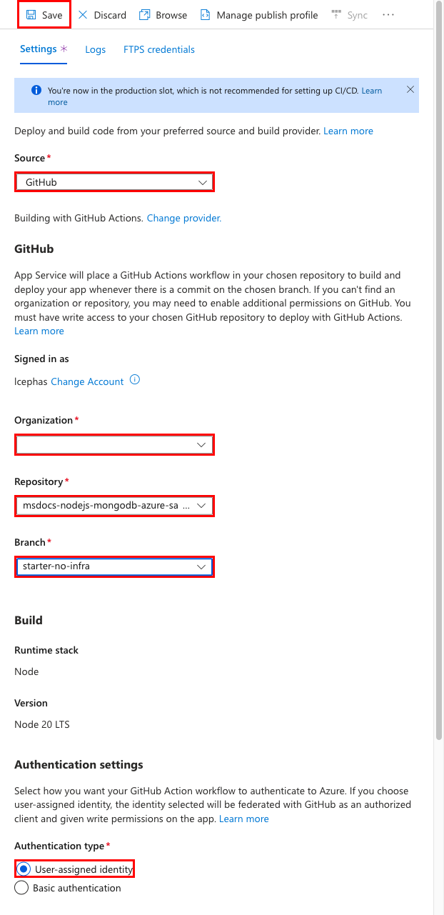 En skärmdump som visar hur man konfigurerar CI/CD med hjälp av GitHub Actions.