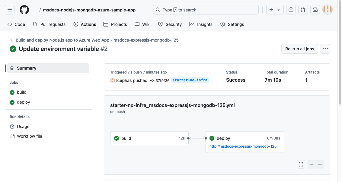 En skärmdump som visar en lyckad körning på GitHub.