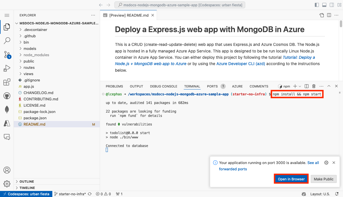 En skärmdump som visar hur man kör exempelapplikationen i GitHub-kodutrymmet.