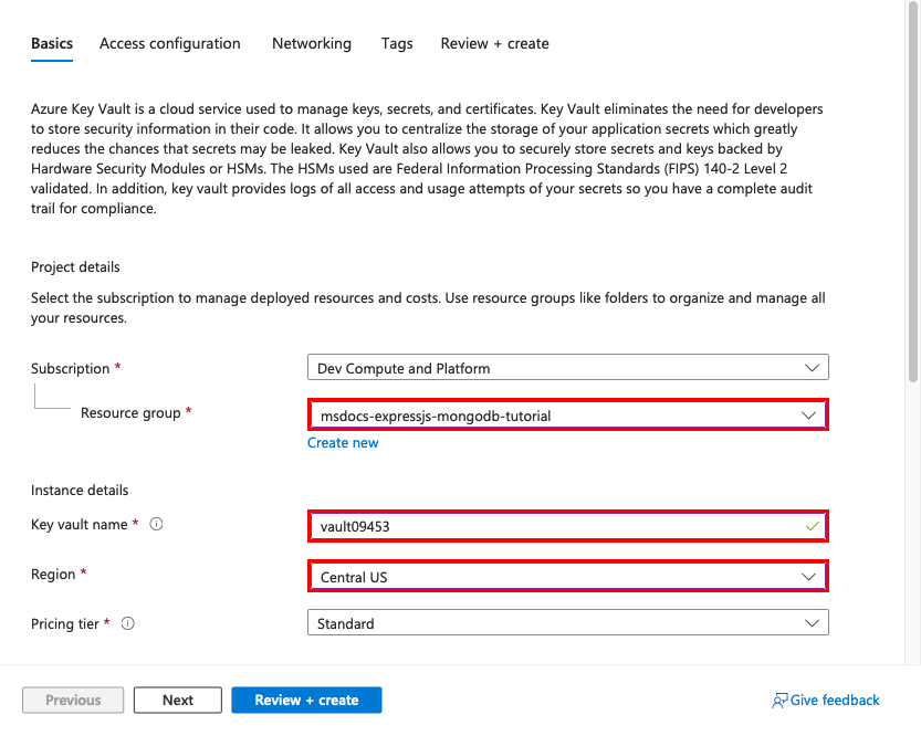 En skärmdump som visar hur man skapar ett nyckelvalv.