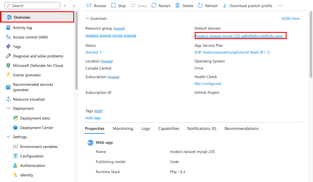 En skärmbild som visar hur du startar en App Service från Azure Portal.
