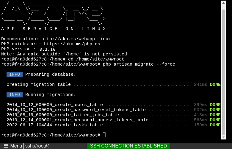En skärmbild som visar kommandona som ska köras i SSH-gränssnittet och deras utdata.