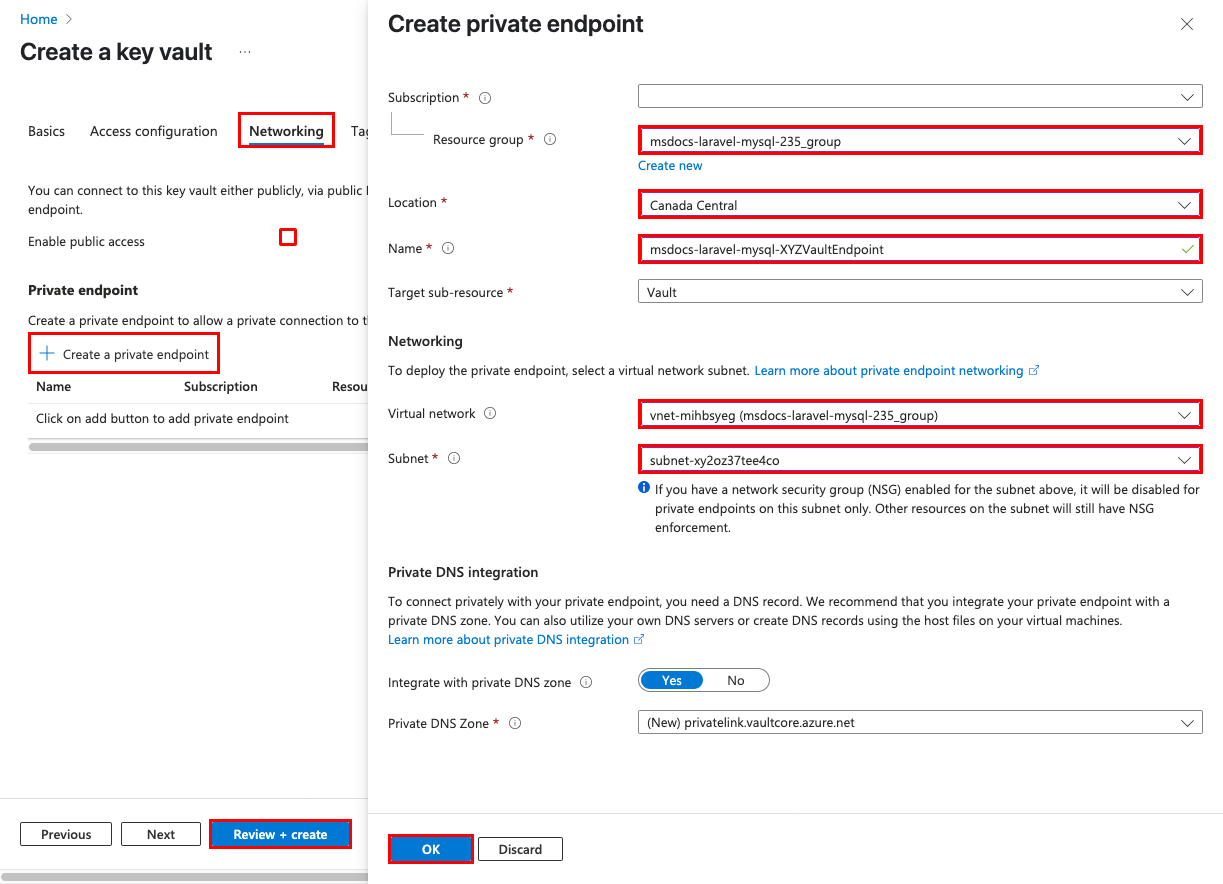 En skärmbild som visar hur du skyddar ett nyckelvalv med en privat slutpunkt.