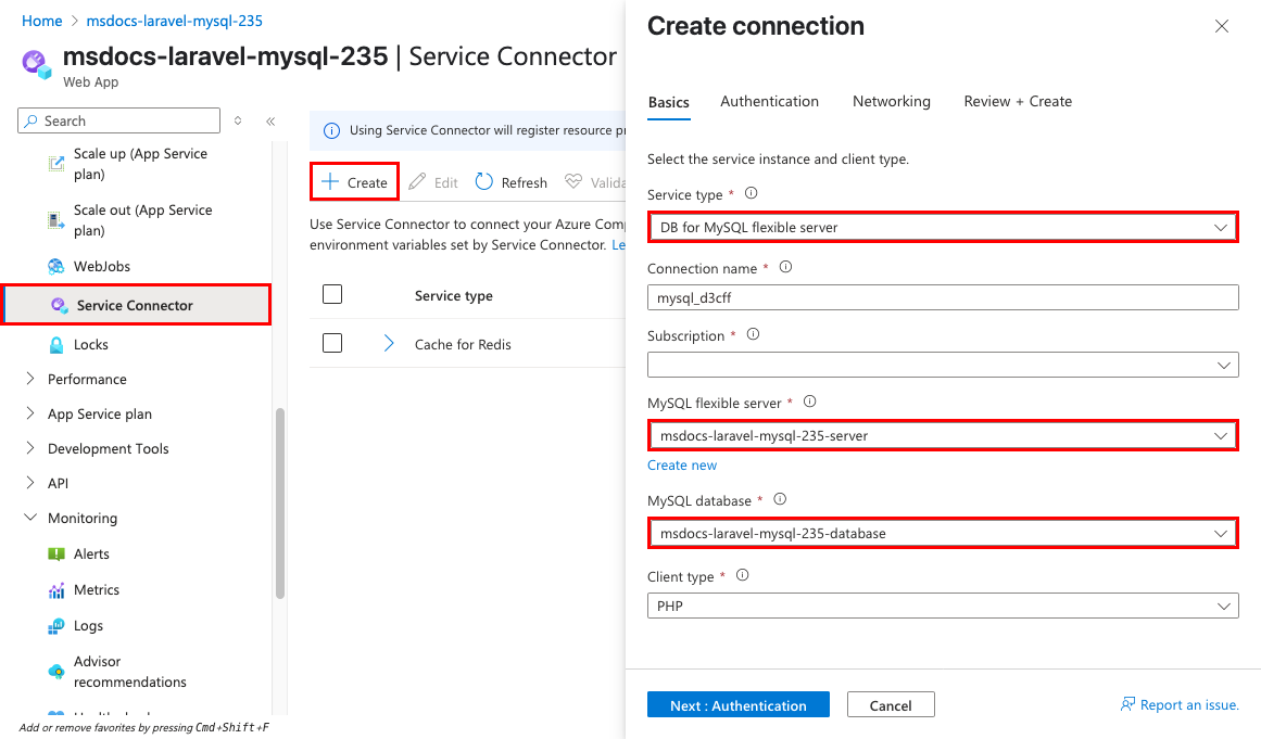 En skärmbild som visar hur du redigerar en tjänstanslutning med en key vault-anslutning.