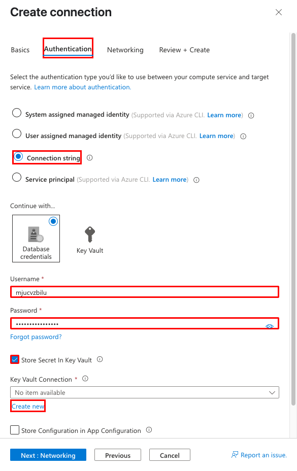 En skärmbild som visar hur du redigerar en tjänstanslutning med en key vault-anslutning.