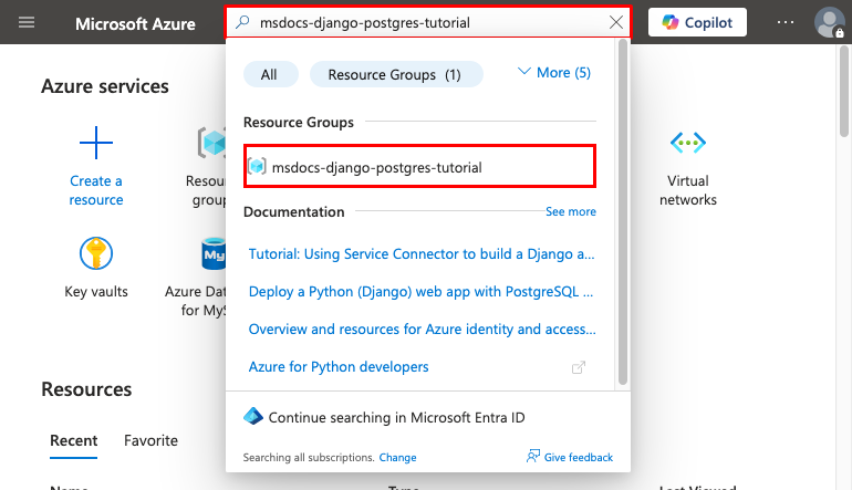 En skärmbild som visar hur du söker efter och navigerar till en resursgrupp i Azure Portal.