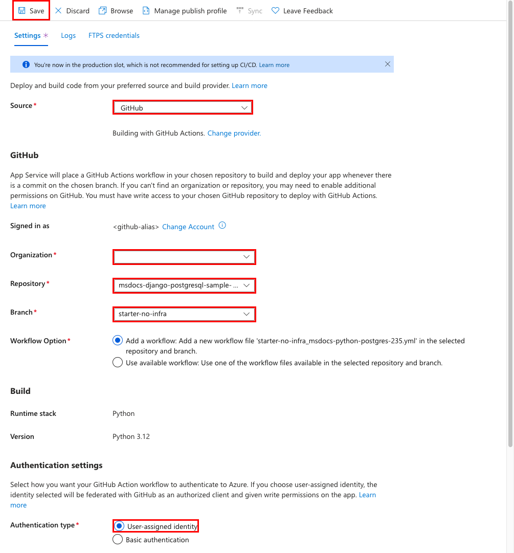 En skärmbild som visar hur du konfigurerar CI/CD med GitHub Actions (Django).