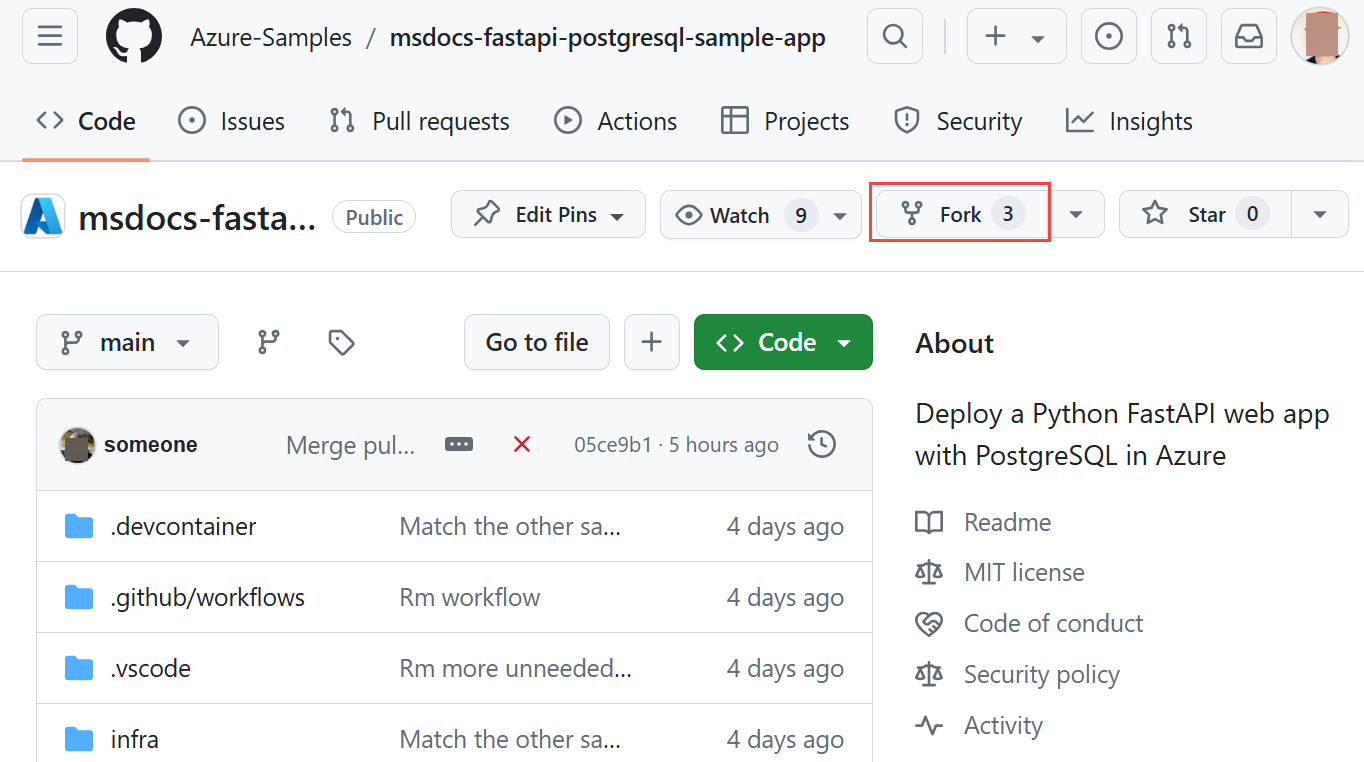 En skärmbild som visar hur du skapar en förgrening av GitHub-exempellagringsplatsen (FastAPI).