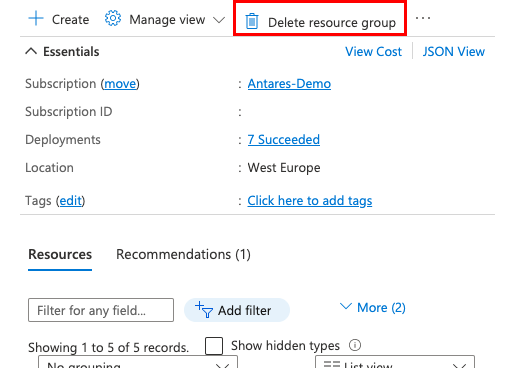 En skärmbild som visar platsen för knappen Ta bort resursgrupp i Azure-portalen.