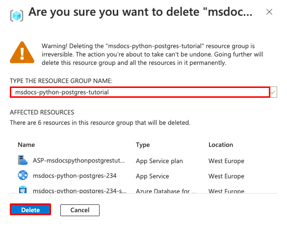 En skärmbild av bekräftelsedialogrutan för att ta bort en resursgrupp i Azure-portalen.