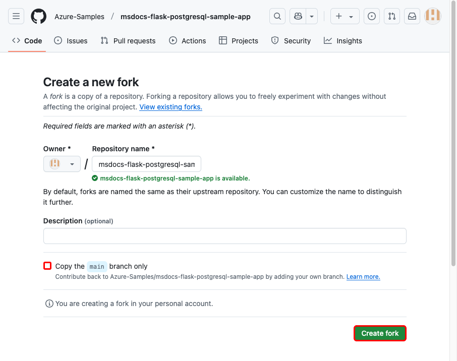 En skärmbild som visar hur du skapar en förgrening av GitHub-exempellagringsplatsen.