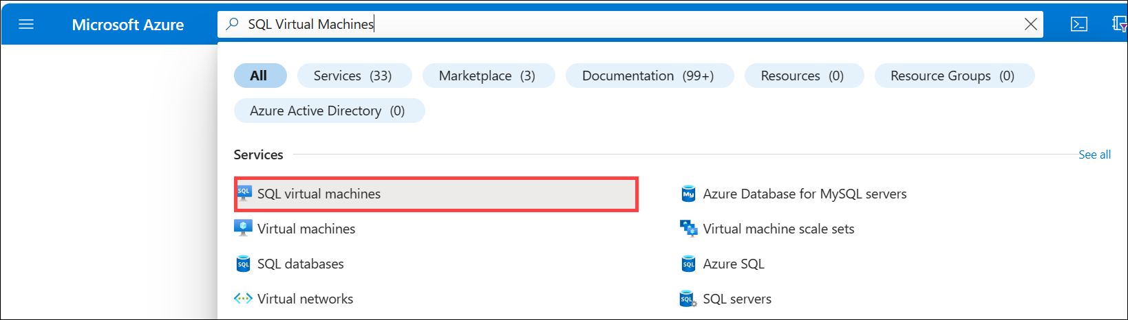 Skärmbild av att välja virtuella SQL-datorer i Azure-portalen.