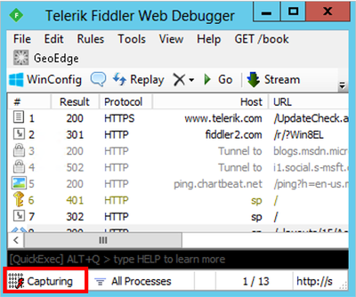 Skärmbild som visar Fiddler Web Debugger med indikatorn Inspelning markerad.