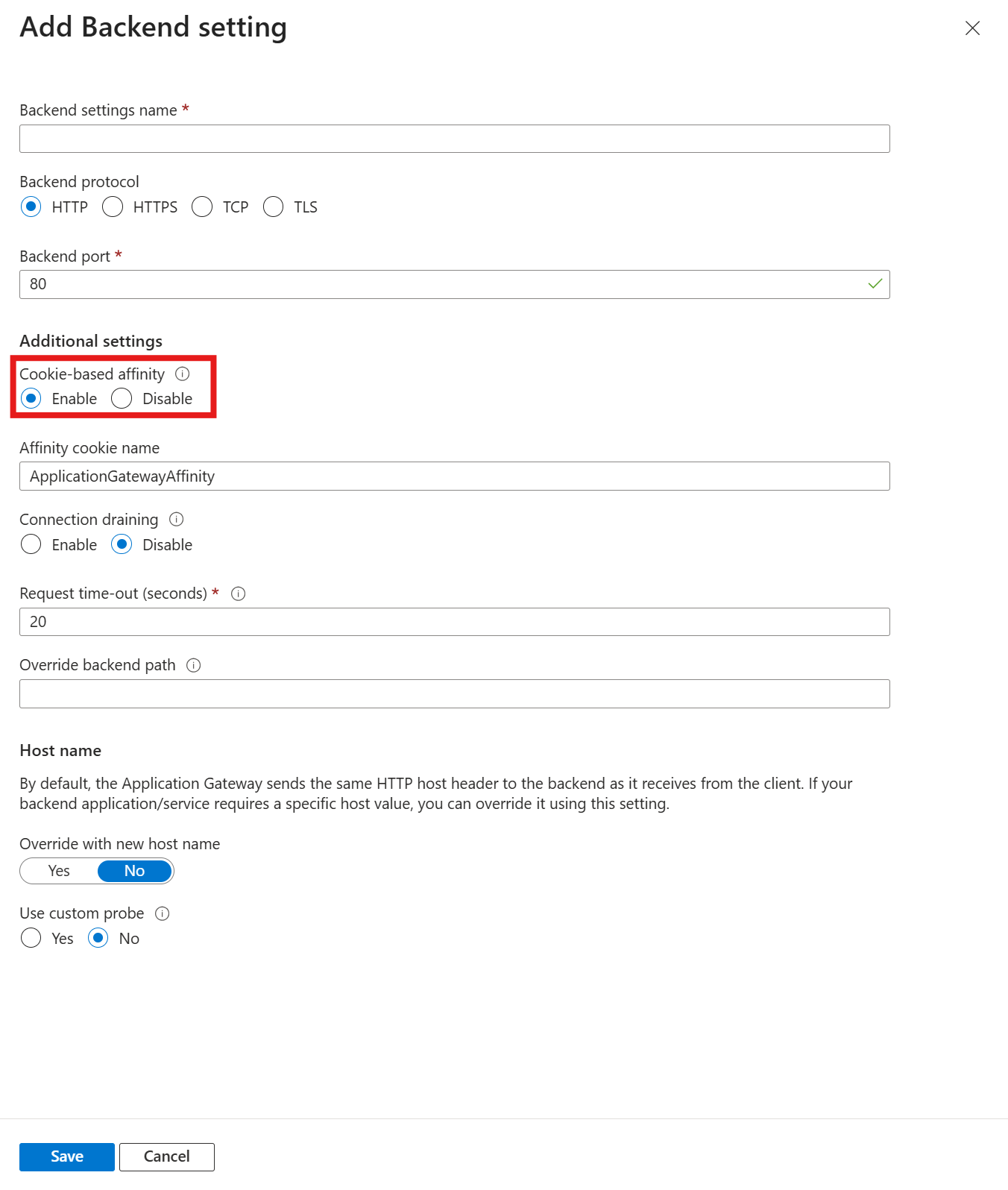 Skärmbild som visar gatewayinställningarna för en appgateway, inklusive om cookiebaserad tillhörighet har valts.