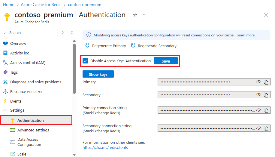 Skärmbild av inaktivering av autentisering av åtkomstnycklar.
