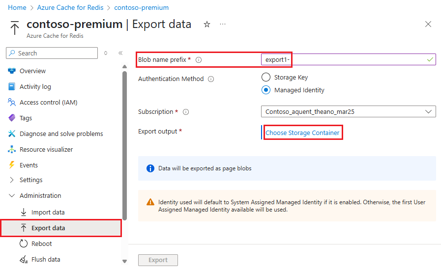 Skärmbild som visar Exportera data och Välj lagringscontainer markerad.