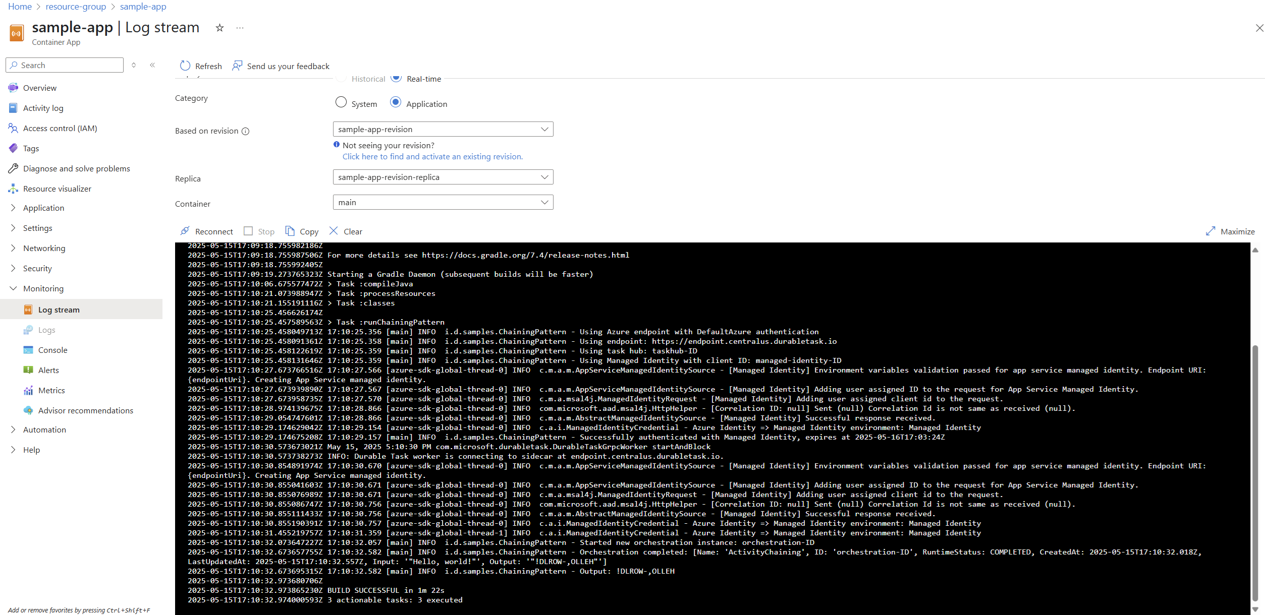 Skärmbild av Java-exempelappens loggström i Azure-portalen.