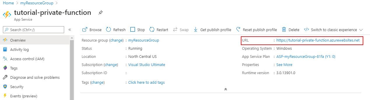 Hämta funktionsappens URL