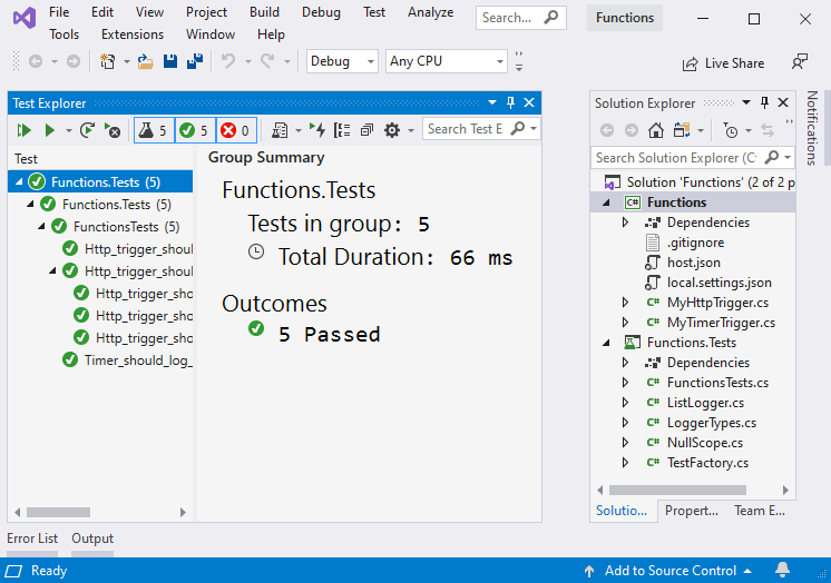 Skärmbild av Visual Studio. TestUtforskaren visar att fem tester har godkänts. I Solution Explorer visas projekten Functions och Functions.Test.