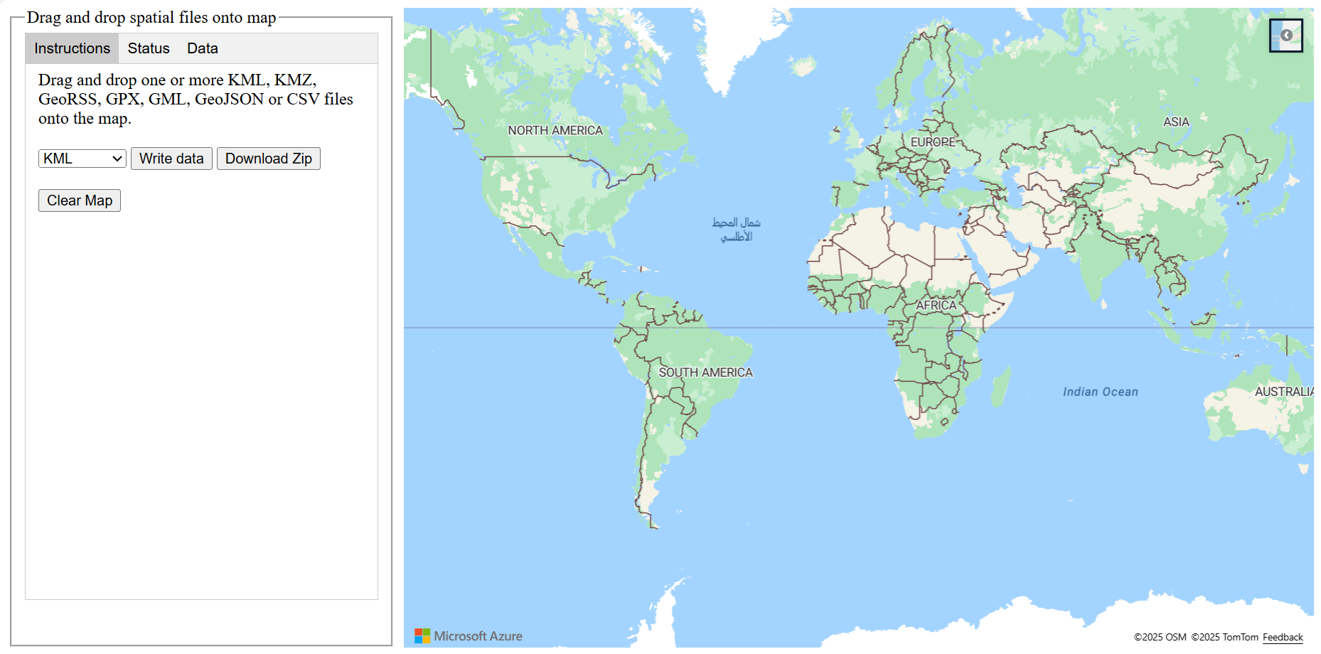 En skärmbild som visar en karta med en panel till vänster om kartan som gör att du kan dra och släppa en eller flera KML-, KMZ-, GeoRSS-, GPX-, GML-, GeoJSON- eller CSV-filer på kartan.